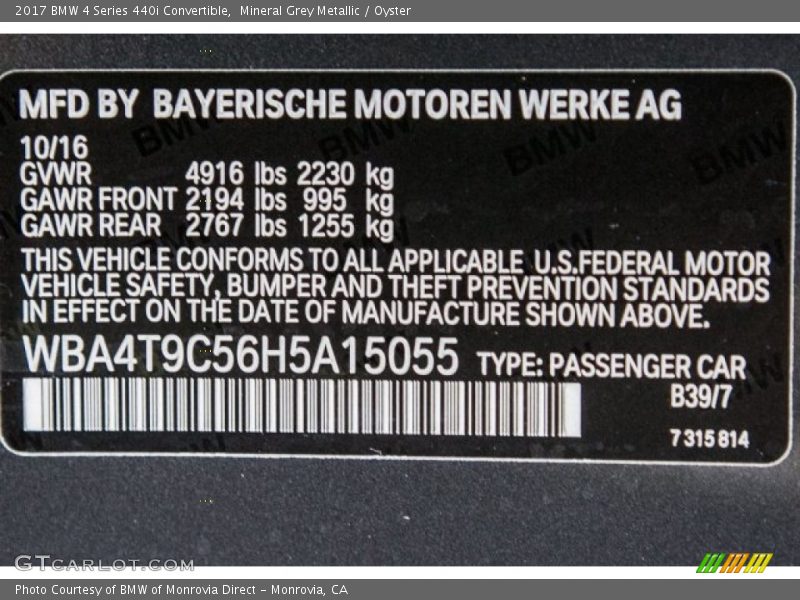 Mineral Grey Metallic / Oyster 2017 BMW 4 Series 440i Convertible