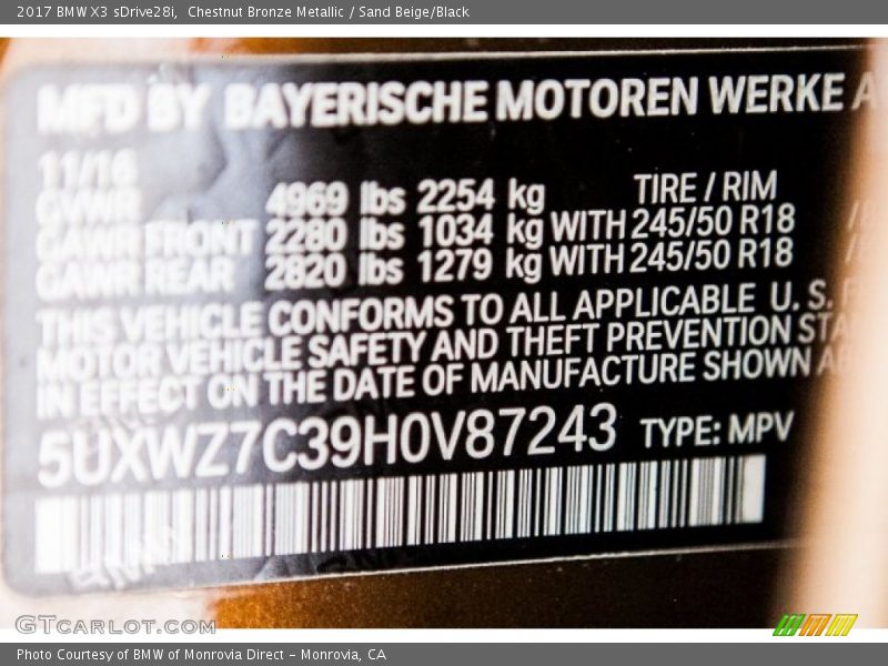 Chestnut Bronze Metallic / Sand Beige/Black 2017 BMW X3 sDrive28i
