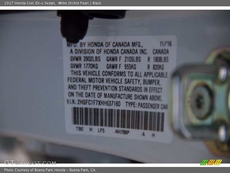 White Orchid Pearl / Black 2017 Honda Civic EX-L Sedan