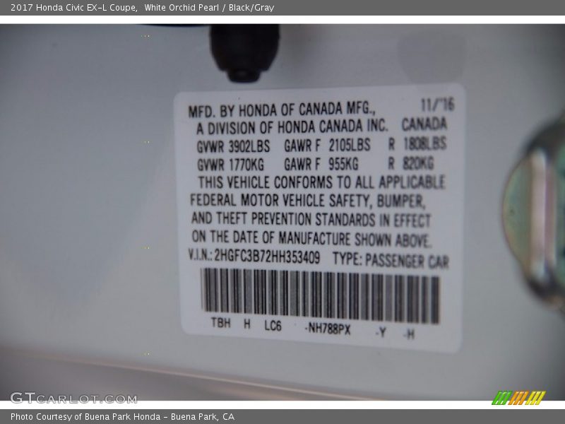 White Orchid Pearl / Black/Gray 2017 Honda Civic EX-L Coupe