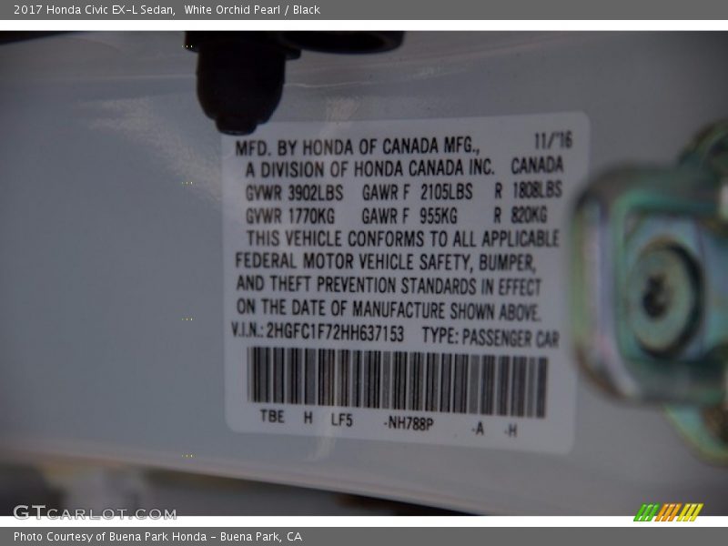 White Orchid Pearl / Black 2017 Honda Civic EX-L Sedan