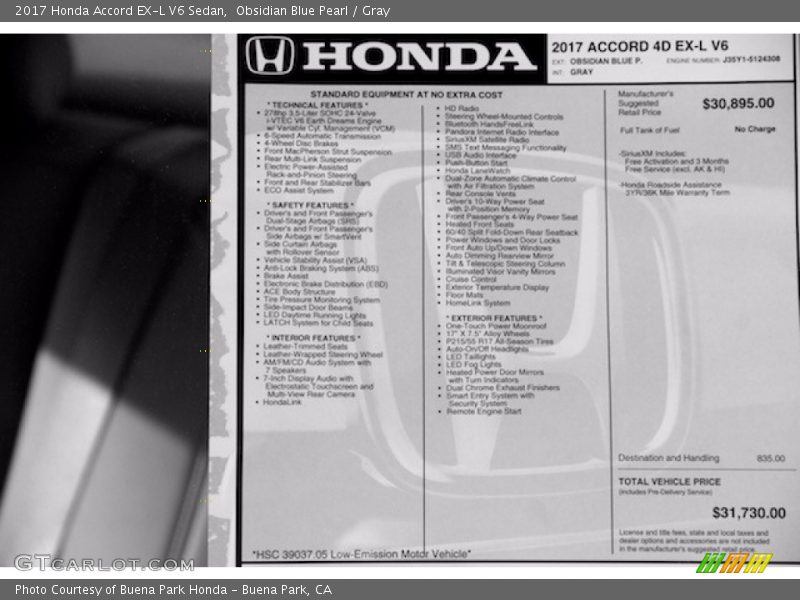 Obsidian Blue Pearl / Gray 2017 Honda Accord EX-L V6 Sedan