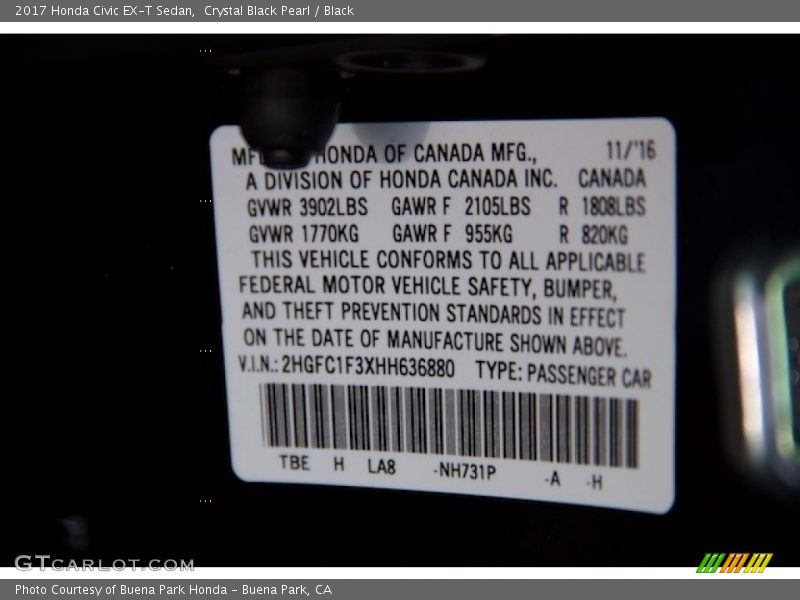 Crystal Black Pearl / Black 2017 Honda Civic EX-T Sedan