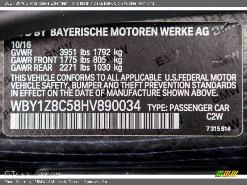 Fluid Black / Deka Dark Cloth w/Blue Highlights 2017 BMW i3 with Range Extender