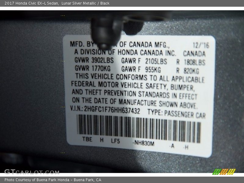 Lunar Silver Metallic / Black 2017 Honda Civic EX-L Sedan