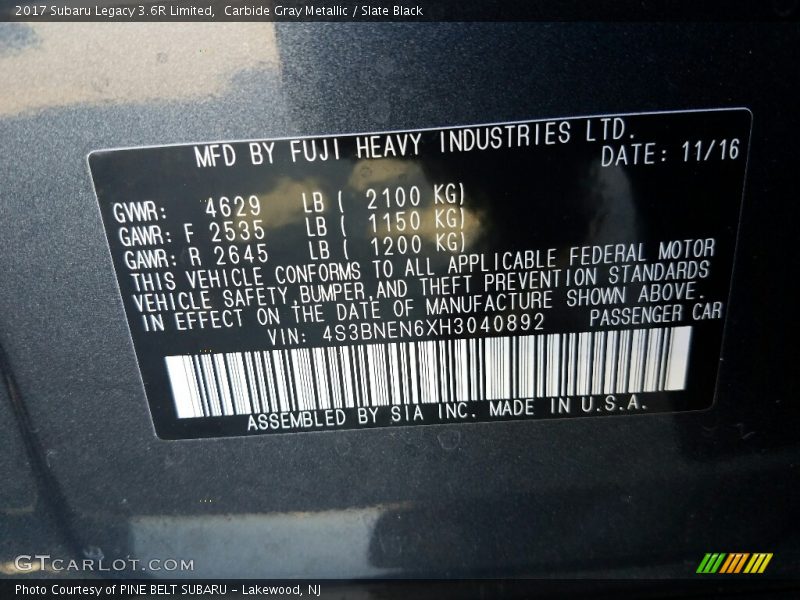 Carbide Gray Metallic / Slate Black 2017 Subaru Legacy 3.6R Limited