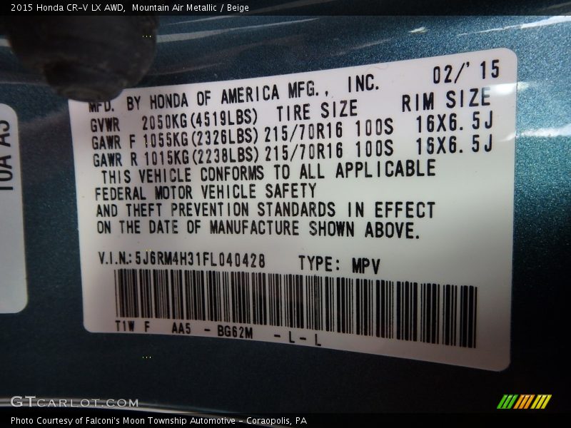 Mountain Air Metallic / Beige 2015 Honda CR-V LX AWD