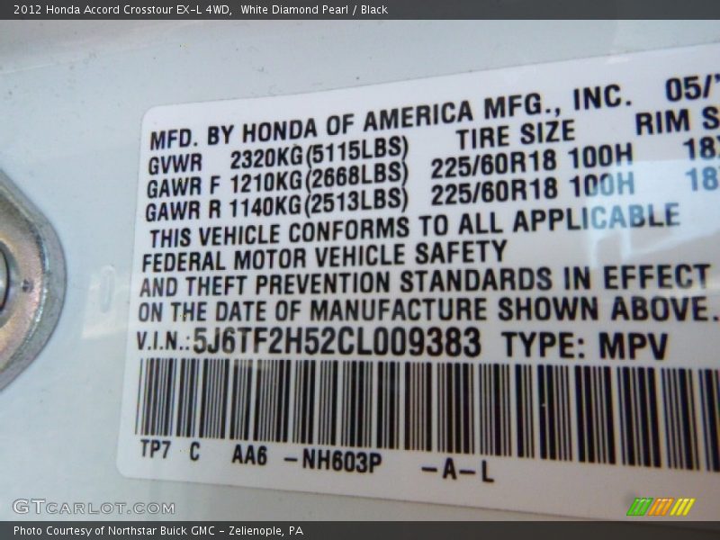 White Diamond Pearl / Black 2012 Honda Accord Crosstour EX-L 4WD