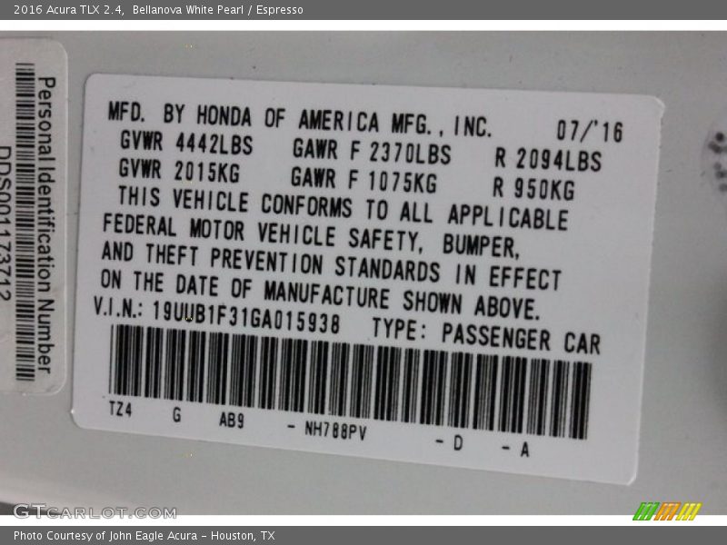 Bellanova White Pearl / Espresso 2016 Acura TLX 2.4