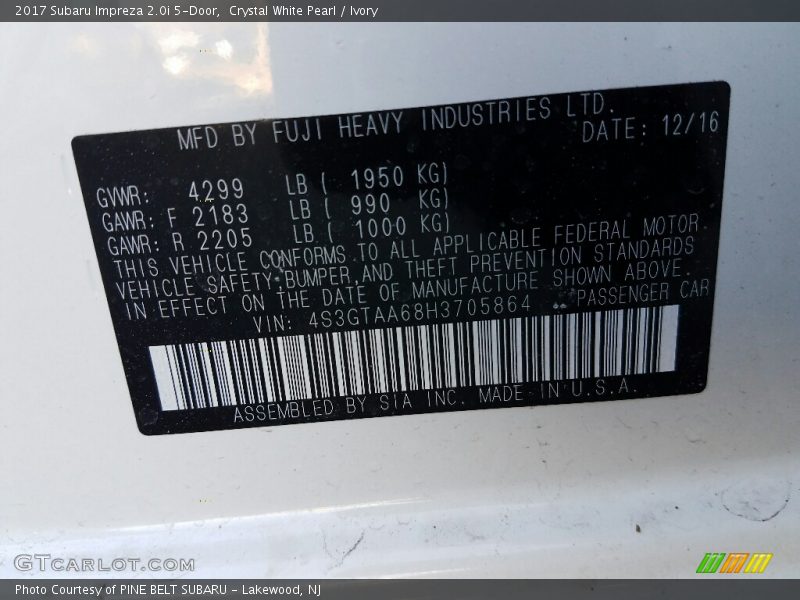 Crystal White Pearl / Ivory 2017 Subaru Impreza 2.0i 5-Door