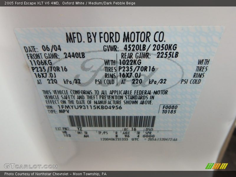 Oxford White / Medium/Dark Pebble Beige 2005 Ford Escape XLT V6 4WD