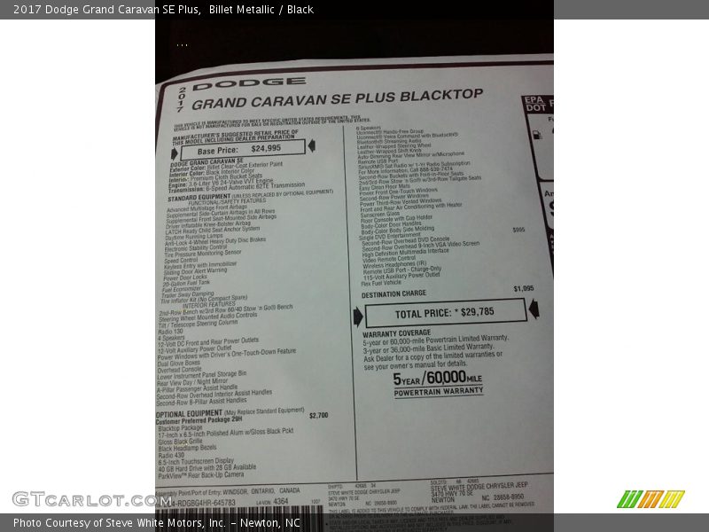 Billet Metallic / Black 2017 Dodge Grand Caravan SE Plus