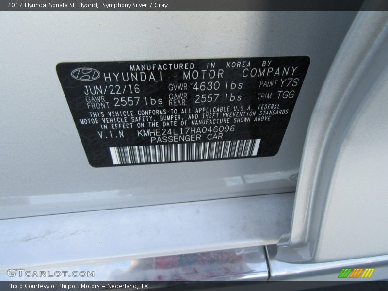 Symphony Silver / Gray 2017 Hyundai Sonata SE Hybrid