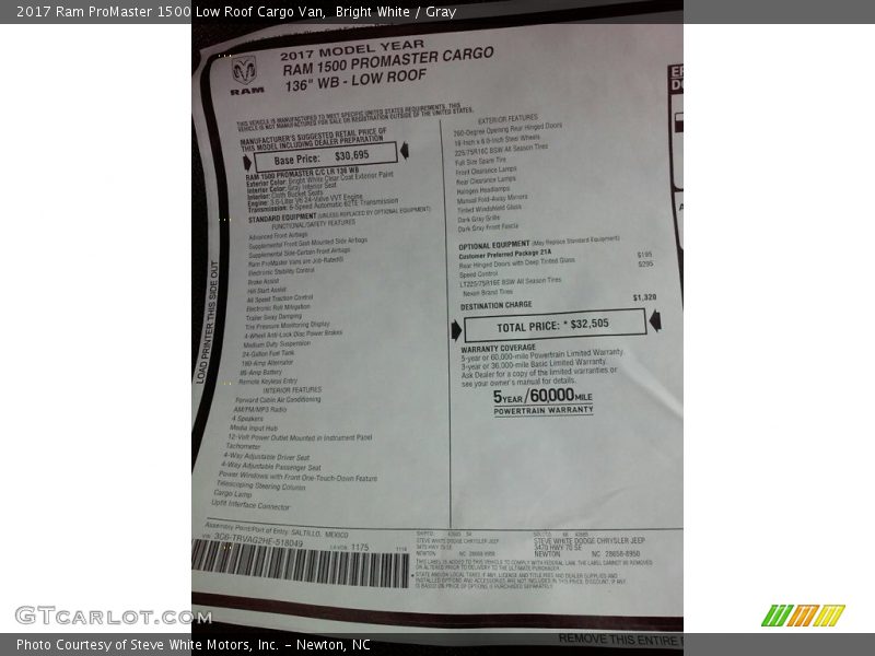  2017 ProMaster 1500 Low Roof Cargo Van Window Sticker