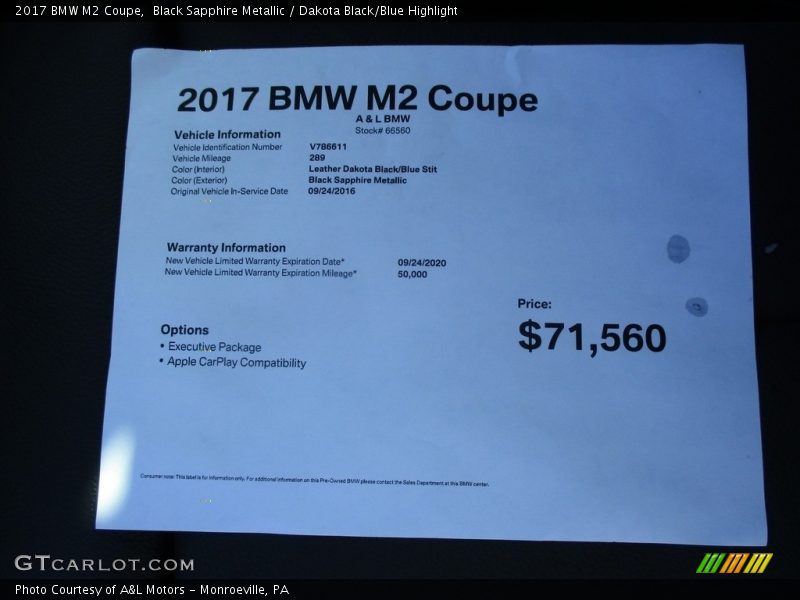 Black Sapphire Metallic / Dakota Black/Blue Highlight 2017 BMW M2 Coupe