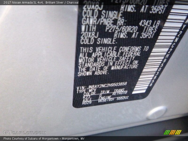 2017 Armada SL 4x4 Brilliant Silver Color Code K23