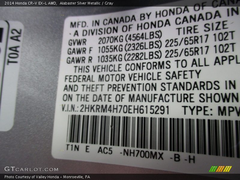 Alabaster Silver Metallic / Gray 2014 Honda CR-V EX-L AWD