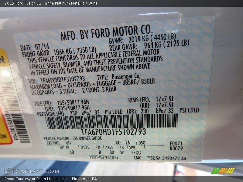 White Platinum Metallic / Dune 2015 Ford Fusion SE