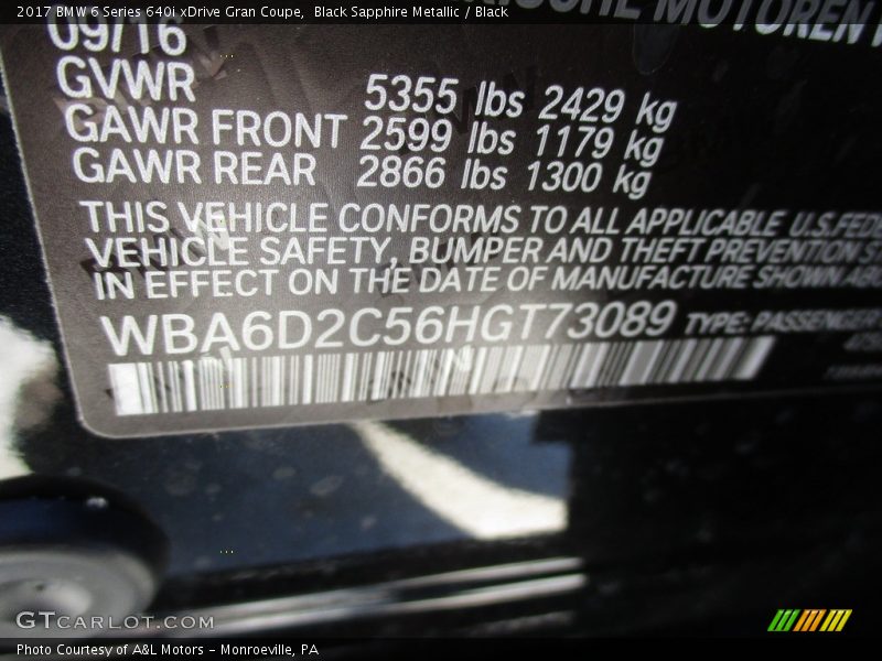 Black Sapphire Metallic / Black 2017 BMW 6 Series 640i xDrive Gran Coupe