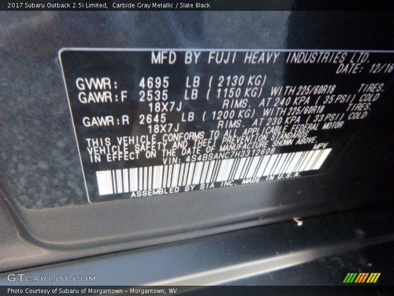 Carbide Gray Metallic / Slate Black 2017 Subaru Outback 2.5i Limited