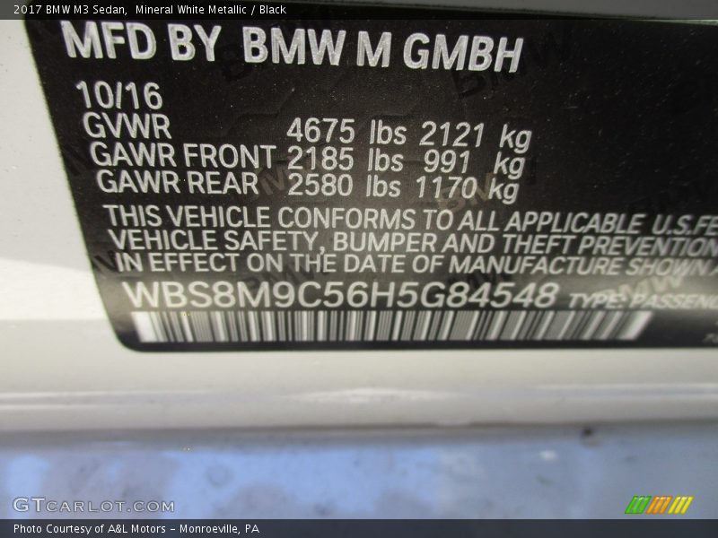 Mineral White Metallic / Black 2017 BMW M3 Sedan