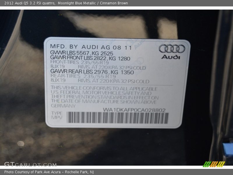 Moonlight Blue Metallic / Cinnamon Brown 2012 Audi Q5 3.2 FSI quattro