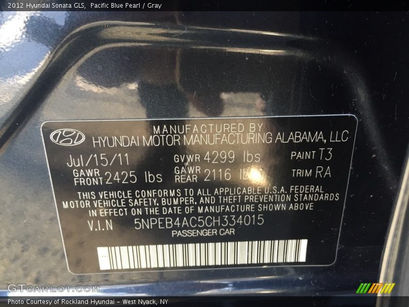Pacific Blue Pearl / Gray 2012 Hyundai Sonata GLS