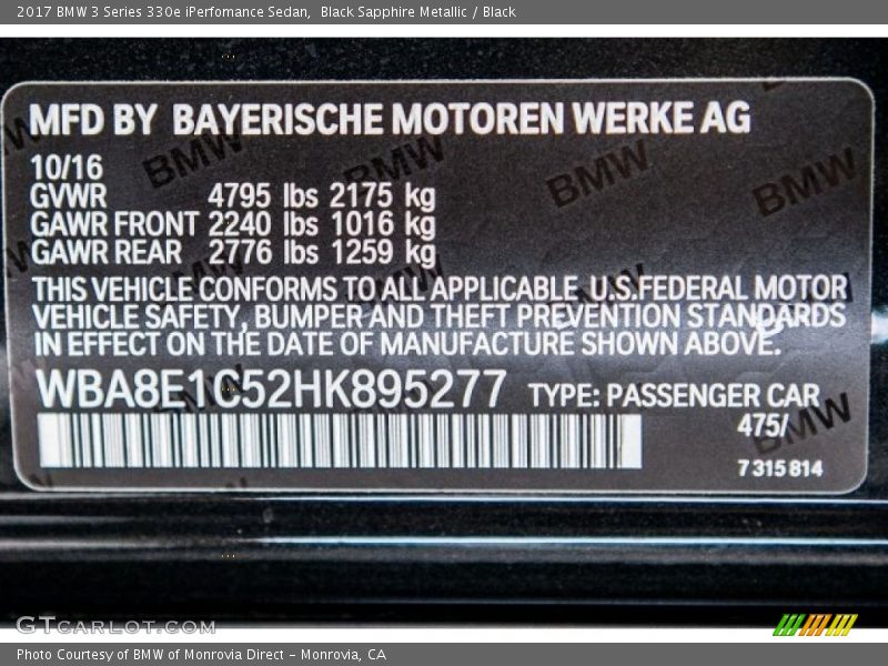Black Sapphire Metallic / Black 2017 BMW 3 Series 330e iPerfomance Sedan
