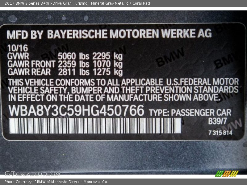 2017 3 Series 340i xDrive Gran Turismo Mineral Grey Metallic Color Code B39