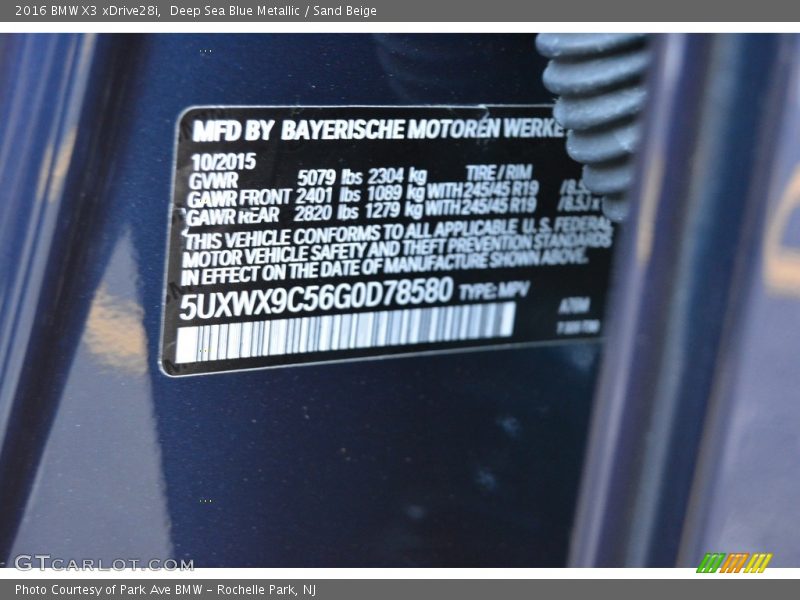 Deep Sea Blue Metallic / Sand Beige 2016 BMW X3 xDrive28i