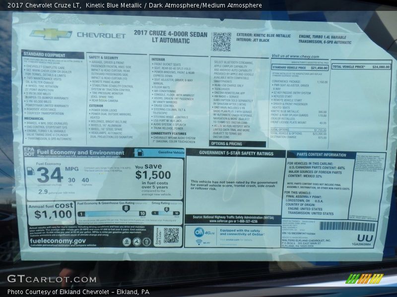 Kinetic Blue Metallic / Dark Atmosphere/Medium Atmosphere 2017 Chevrolet Cruze LT