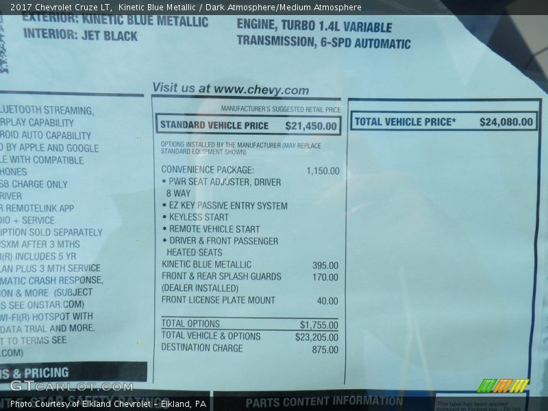 Kinetic Blue Metallic / Dark Atmosphere/Medium Atmosphere 2017 Chevrolet Cruze LT