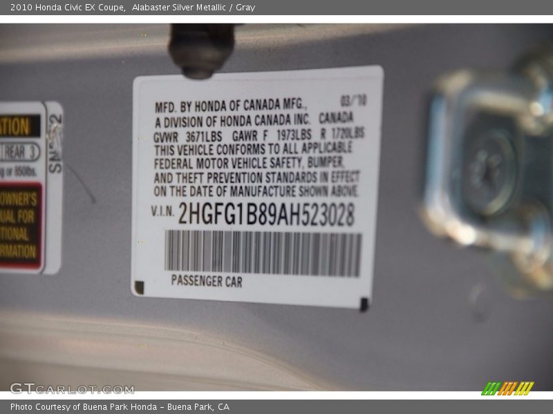Alabaster Silver Metallic / Gray 2010 Honda Civic EX Coupe