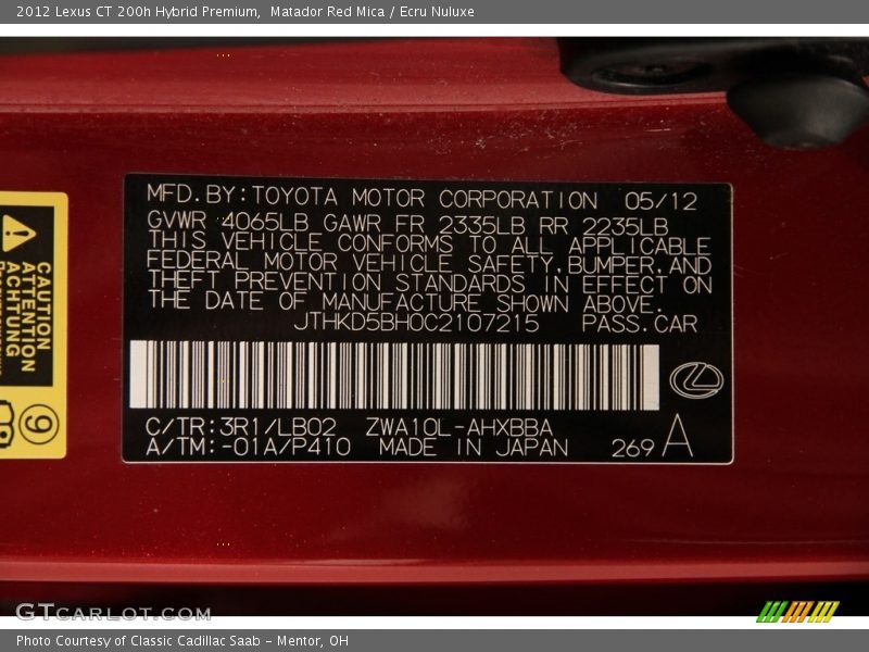 Matador Red Mica / Ecru Nuluxe 2012 Lexus CT 200h Hybrid Premium