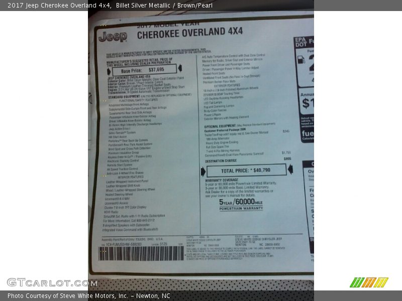  2017 Cherokee Overland 4x4 Window Sticker