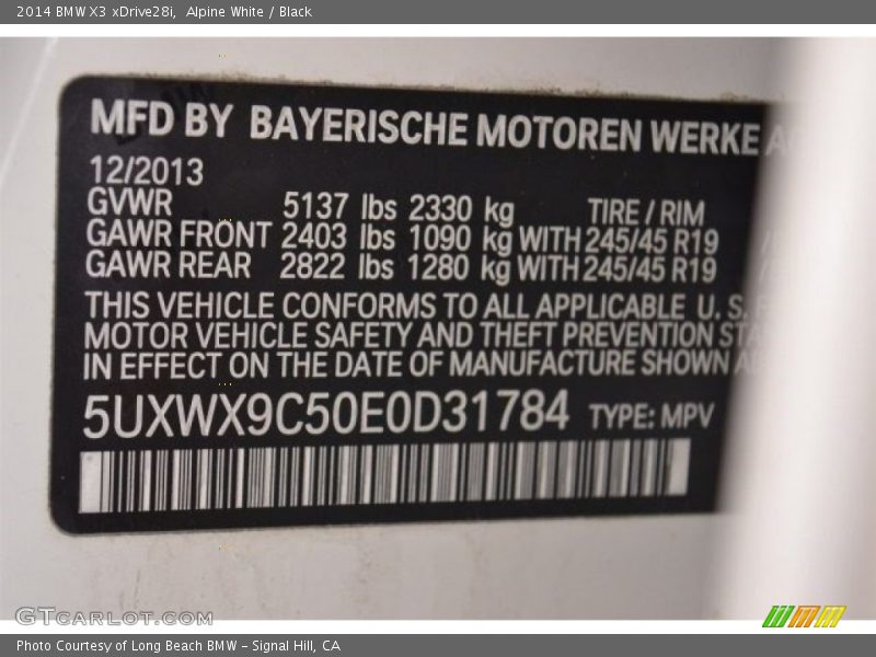 Alpine White / Black 2014 BMW X3 xDrive28i