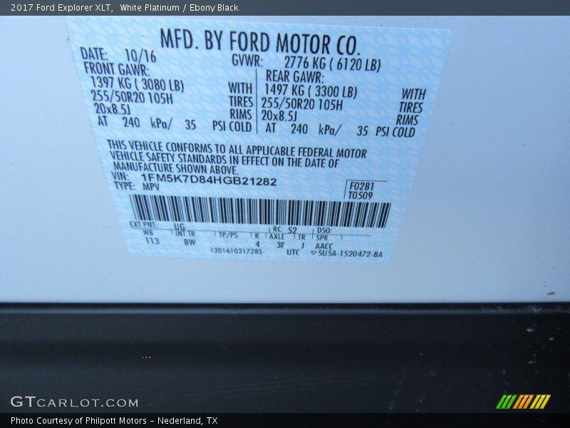 White Platinum / Ebony Black 2017 Ford Explorer XLT