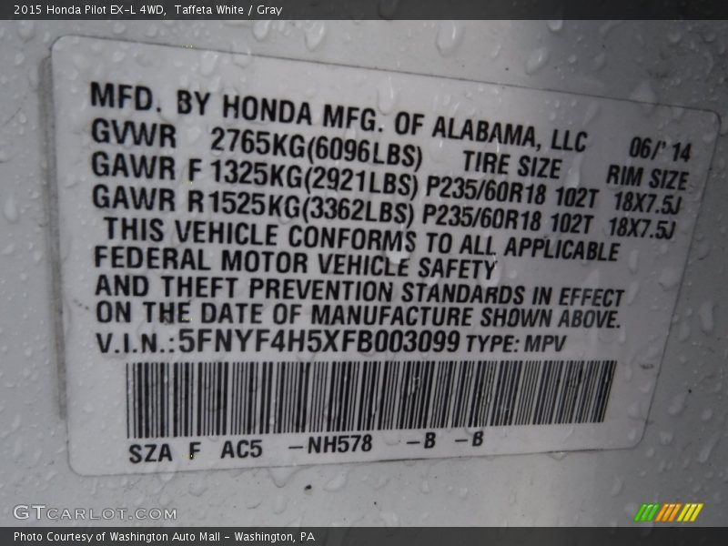 Taffeta White / Gray 2015 Honda Pilot EX-L 4WD