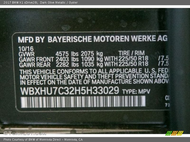 Dark Olive Metallic / Oyster 2017 BMW X1 sDrive28i