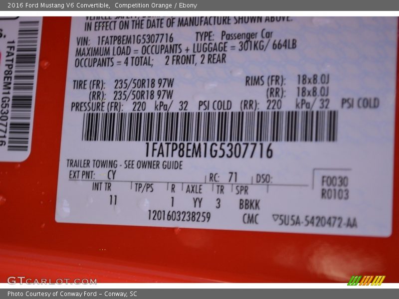 2016 Mustang V6 Convertible Competition Orange Color Code CY
