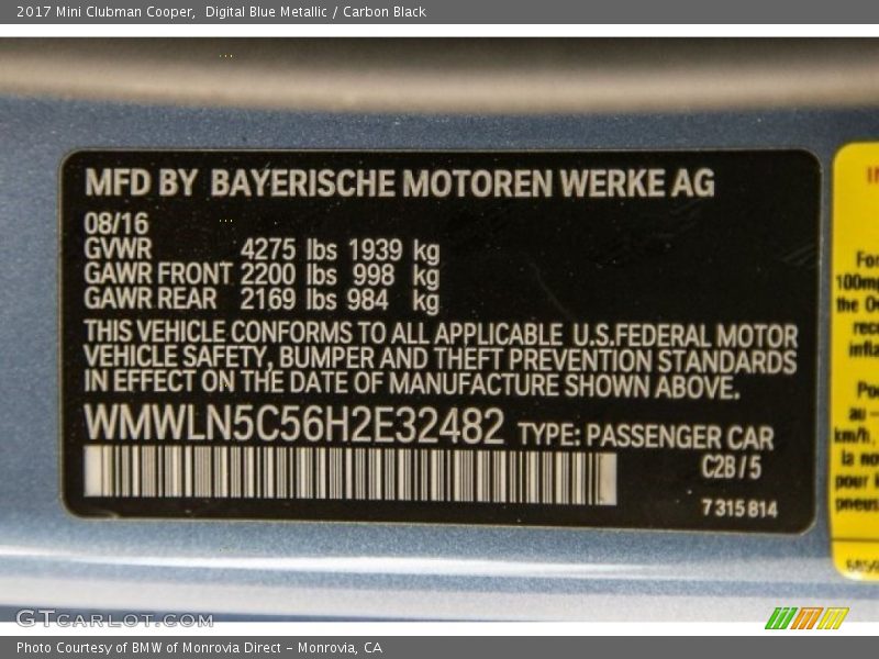Digital Blue Metallic / Carbon Black 2017 Mini Clubman Cooper