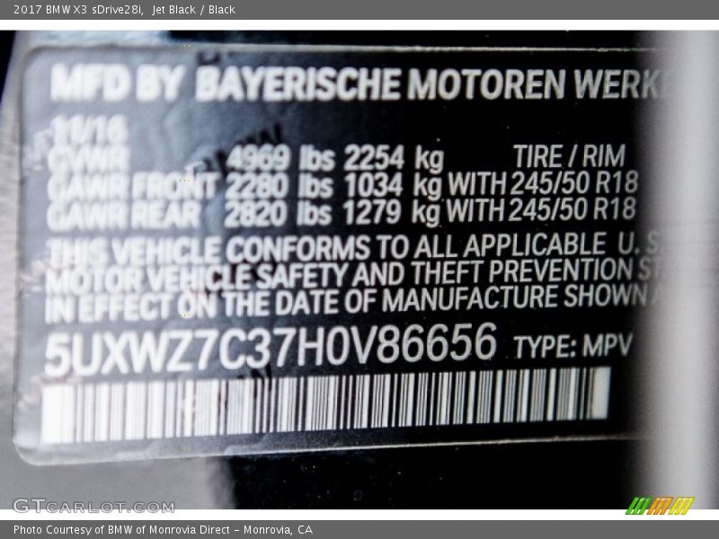 Jet Black / Black 2017 BMW X3 sDrive28i