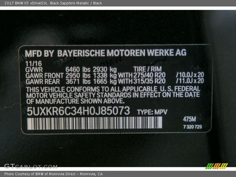 2017 X5 xDrive50i Black Sapphire Metallic Color Code 475