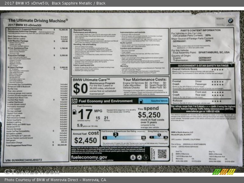  2017 X5 xDrive50i Window Sticker