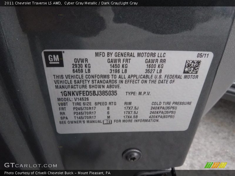 Cyber Gray Metallic / Dark Gray/Light Gray 2011 Chevrolet Traverse LS AWD