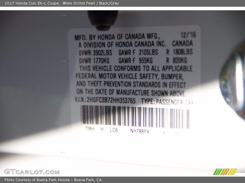 White Orchid Pearl / Black/Gray 2017 Honda Civic EX-L Coupe