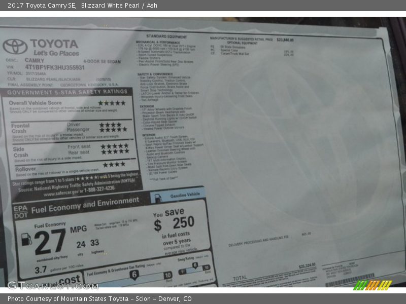 Blizzard White Pearl / Ash 2017 Toyota Camry SE