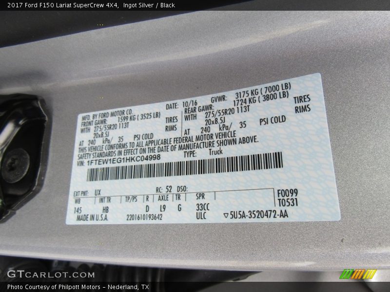 2017 F150 Lariat SuperCrew 4X4 Ingot Silver Color Code UX