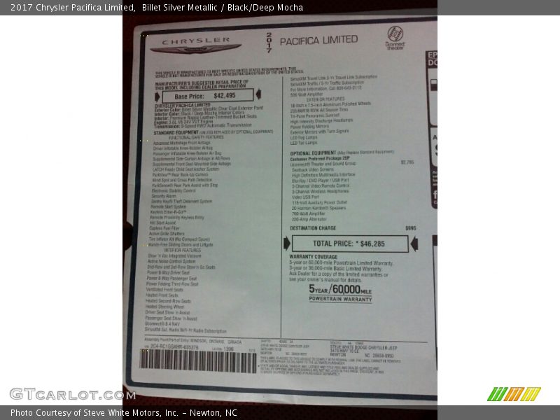Billet Silver Metallic / Black/Deep Mocha 2017 Chrysler Pacifica Limited