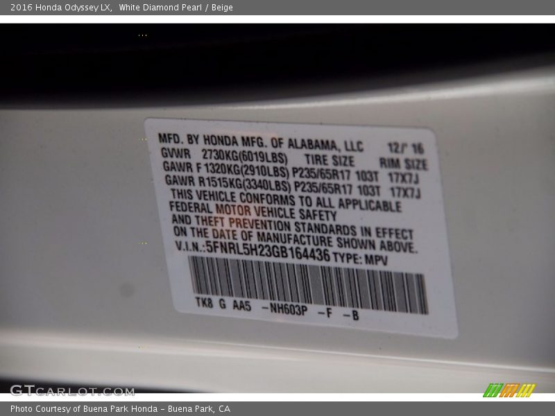 White Diamond Pearl / Beige 2016 Honda Odyssey LX